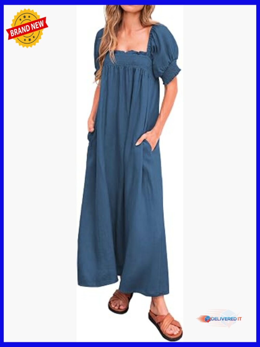 Summer Maxi Dress Loose Puff Sleeve Square Neck Maternity Flowy Long Dress with